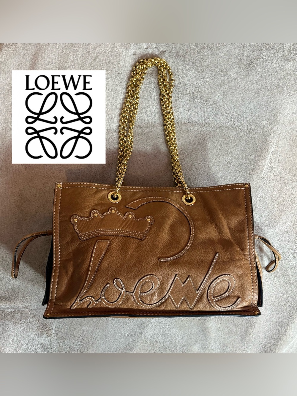 Loewe Leather Shopper Tote/King Tote with Gold Chain Handles